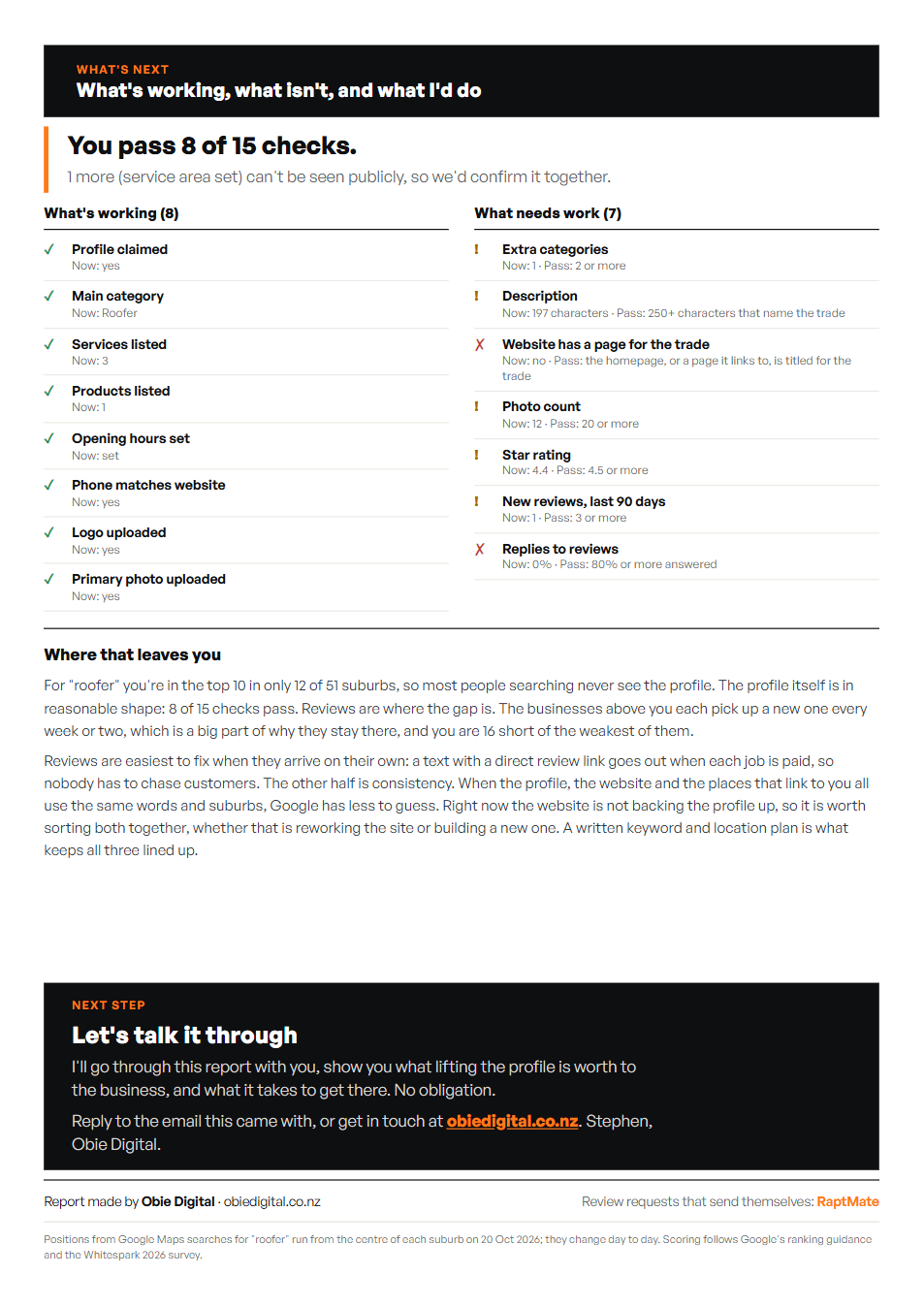 Sample report page 4: what is working, what needs work, a summary and the next step